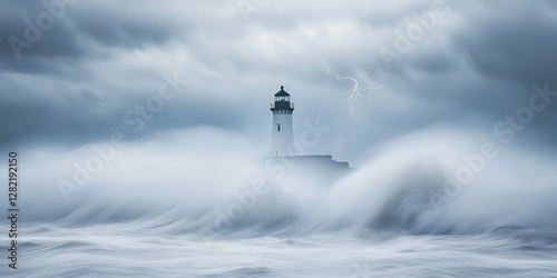 Ocean waves crash against a lighthouse building during a storm, lightning flash the sky 