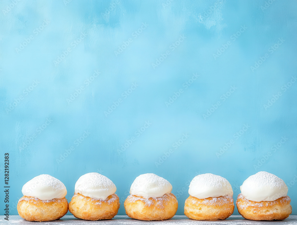 Fresh Donuts with Cream Topping on a Blue Background