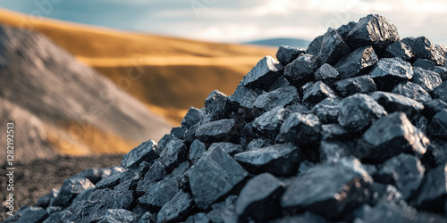 Pile of raw nickel ore before processing. Nickel mining, pile of raw nickel pieces against the background of natural landscape. photo