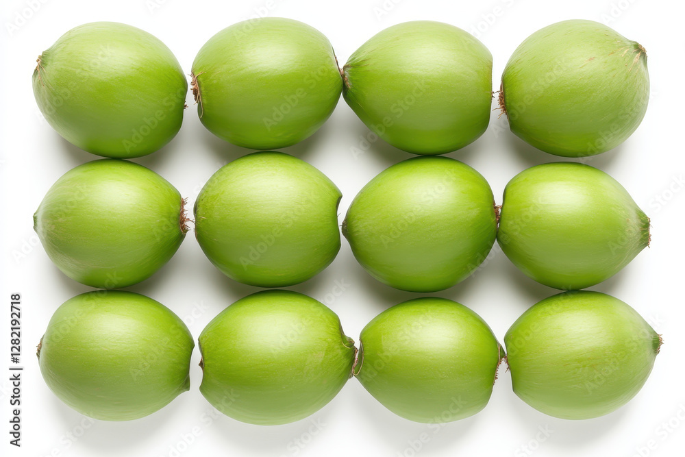 Fresh Green Fruits Arranged in a Pattern on a White Background