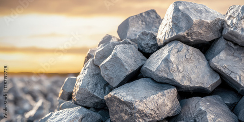 Pile of raw nickel ore before processing. Nickel mining, pile of raw nickel pieces against the background of natural landscape.