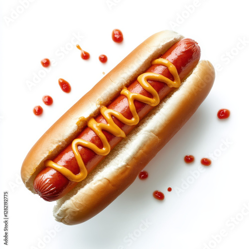 Delicious Hot Dog with Mustard and Ketchup on White Background