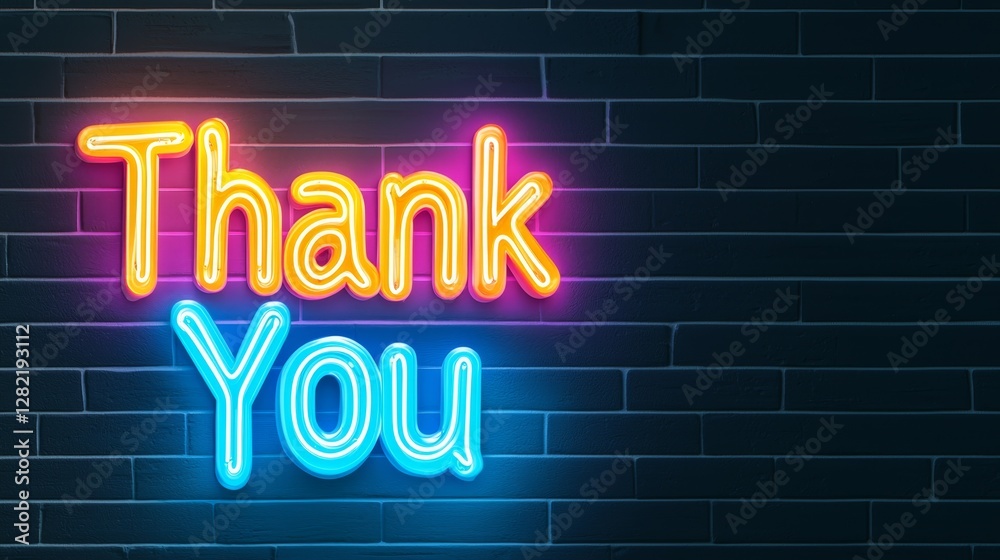Glowing Neon Thank You Sign with Bright Colors and Dark Brick Background Glowing Neon Thank You Sign with Bright Colors and Dark Brick Background