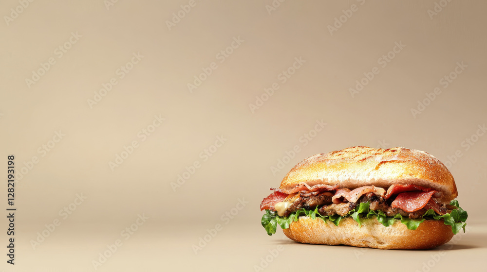 Freshly Made Sandwich with Bacon and Lettuce on Neutral Background