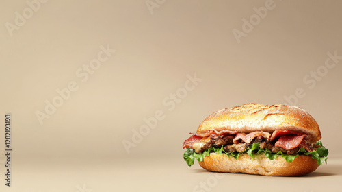 Obraz na płótnie Freshly Made Sandwich with Bacon and Lettuce on Neutral Background w salonie