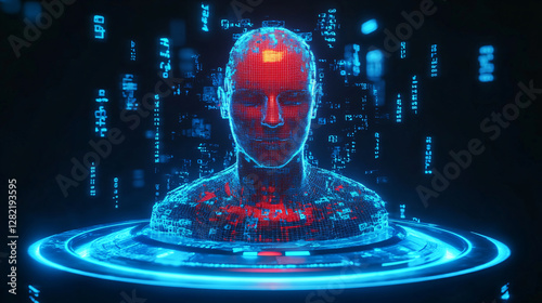 artificial intelligence futuristic digital interface technology concept of a digital 3D-rendered glowing blue, red face made of binary codes particles data, data flow on a background, deep learning 