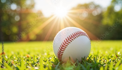 baseball lying on green grass in sunlight with a bright sun flare symbolizing sports, outdoor activities, and the love for the game