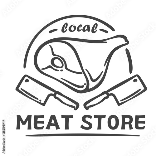 Meat store logo with butchers cleaver and pork knuckle line icon. Outline hand drawn typography badge with pigs leg, knife and text. Butchery, local slaughterhouse logotype vector illustration