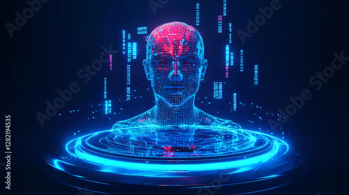 artificial intelligence futuristic digital interface technology concept of a digital 3D-rendered glowing blue, red face made of binary codes particles data, data flow on a background, deep learning 