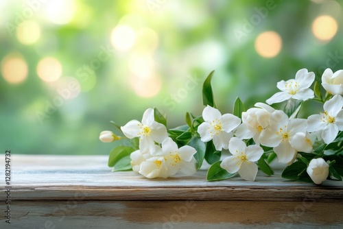 Delicate white blossoms rest on rustic wood against a blurred green background