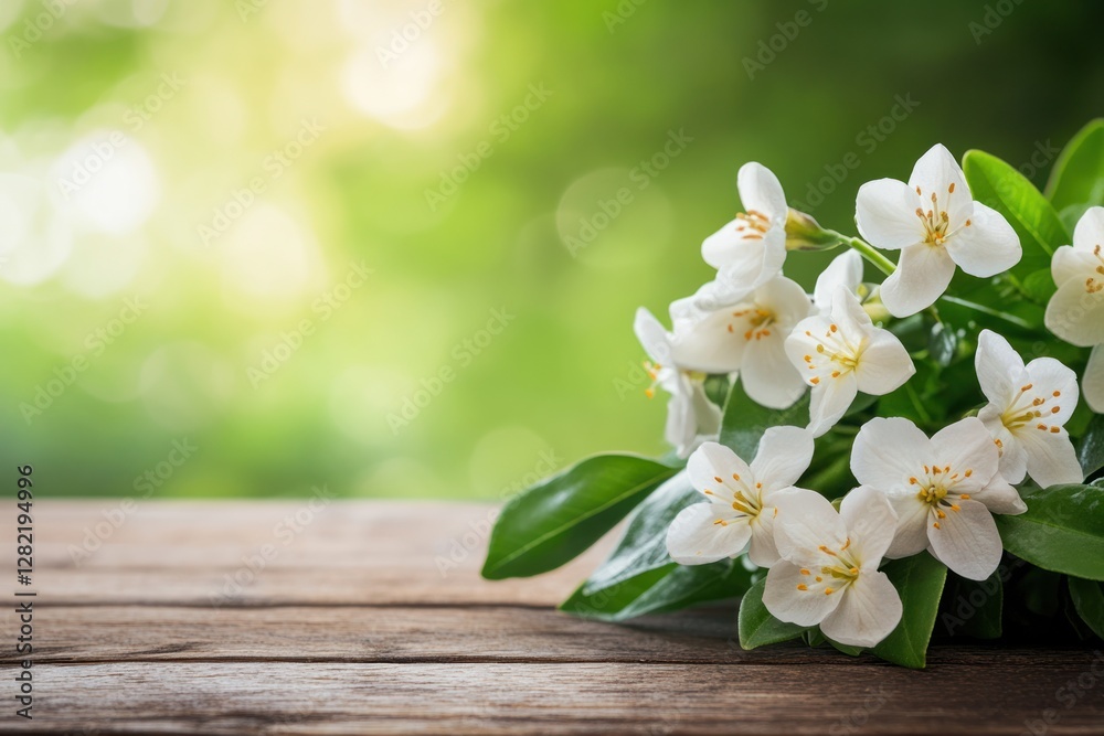 White blossoms rest on rustic wooden surface against blurred green background White blossoms rest on rustic wooden surface against blurred green background