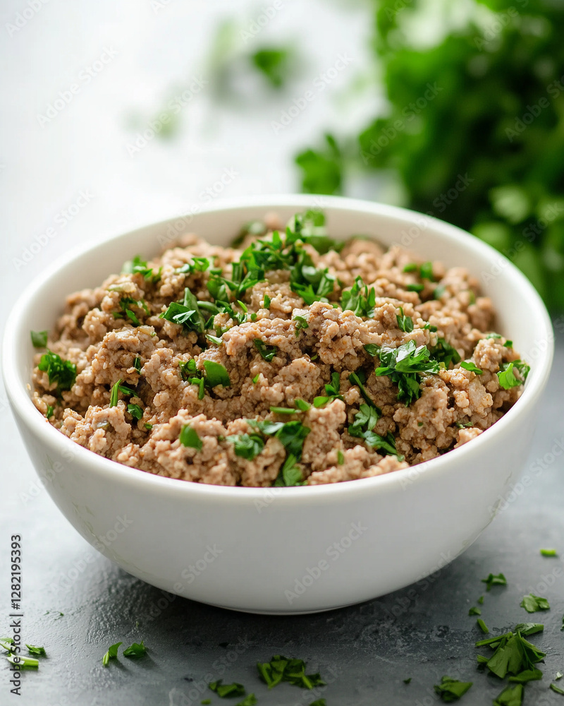 Bowl of seasoned ground meat garnished with fresh parsley Bowl of seasoned ground meat garnished with fresh parsley