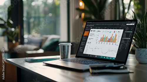 A laptop is open on a desk with a cup of coffee next to it. generated using AI