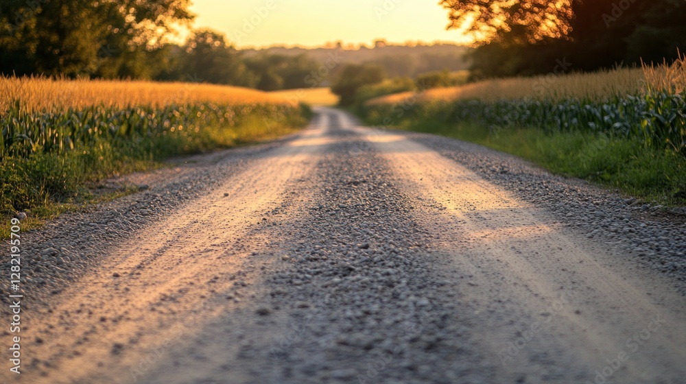 Gravel road through cornfields at sunset in rural landscape Gravel road through cornfields at sunset in rural landscape