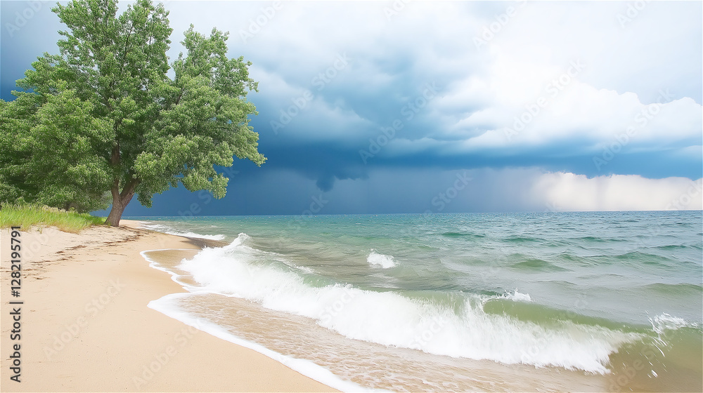 A tropical beach with a single tree and storm clouds approaching, creating a contrast between serenity and the power of nature. A tropical beach with a single tree and storm clouds approaching, creating a contrast between serenity and the power of nature.
