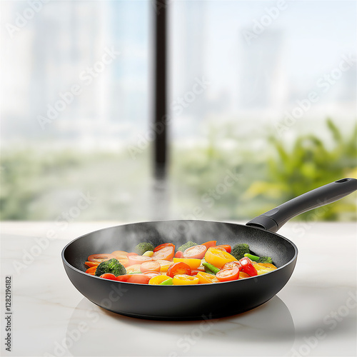 A steaming pan with colorful vegetables sits on a kitchen counter near a window with natural daylight, symbolizing healthy cooking, fresh ingredients, and home dining.