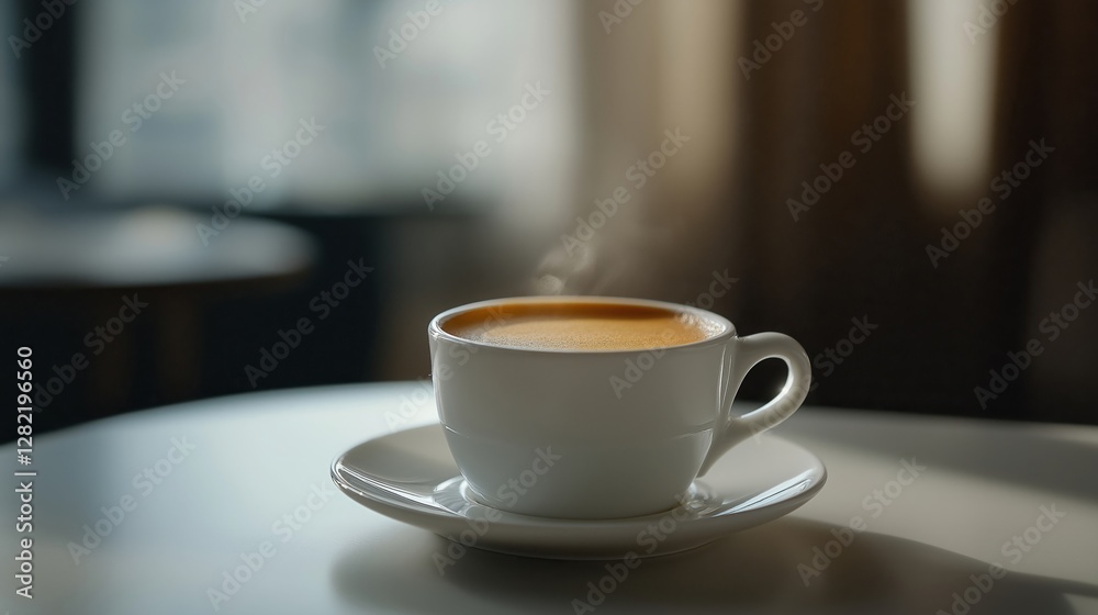 freshly brewed cup of coffee, placed on a sleek white saucer, with steam rising from the cup, set against a blurred cafe background to highlight the warmth and inviting aroma freshly brewed cup of coffee, placed on a sleek white saucer, with steam rising from the cup, set against a blurred cafe background to highlight the warmth and inviting aroma