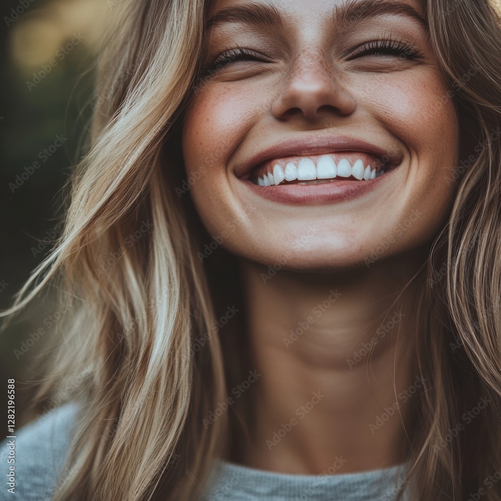 Smiling young woman with blonde hair enjoys a sunny day outdoors while capturing a joyful moment in nature. Generative AI Smiling young woman with blonde hair enjoys a sunny day outdoors while capturing a joyful moment in nature. Generative AI