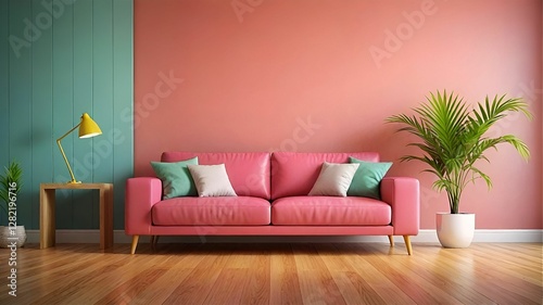The image shows a modern living room with a bright pink sofa, yellow lamp, and potted plants. The walls are painted in a gradient of green and pink, and the floor is made of polished wood.