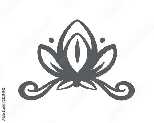 Floral design element, lily flower and swirls line icon. Outline hand drawn vintage flower with petals and flourishes, calligraphy ornate pattern. Lotus blossom tattoo icon vector illustration
