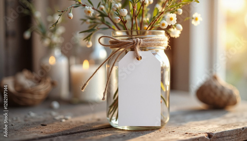 Charming wedding favor tag mockup with flowers in glass jar, elegant decor