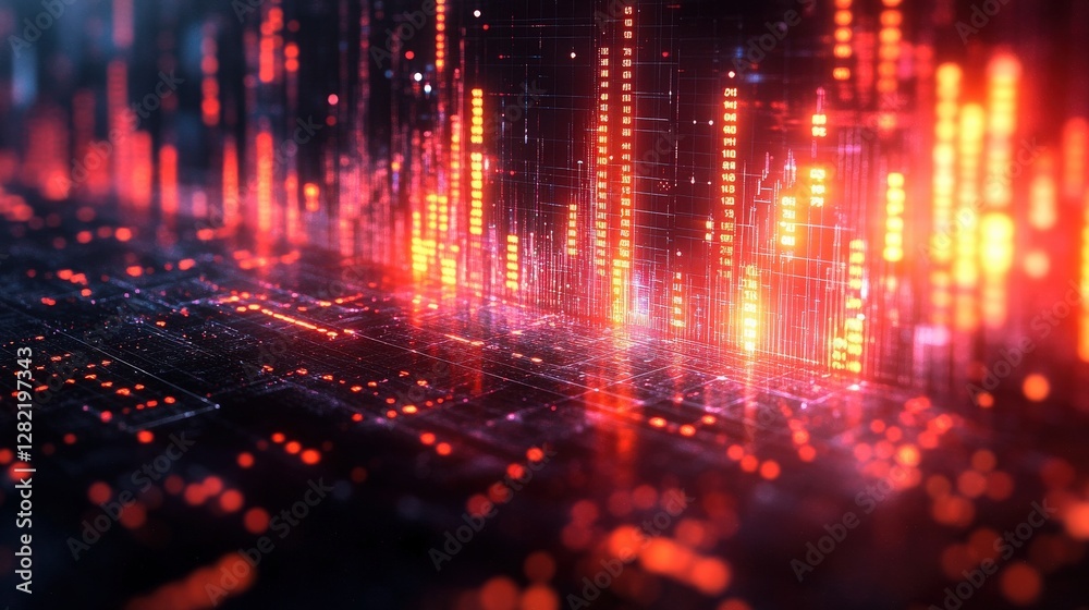 Fototapeta premium Abstract digital visualization of sound waves with vibrant red and orange lights in a tech environment
