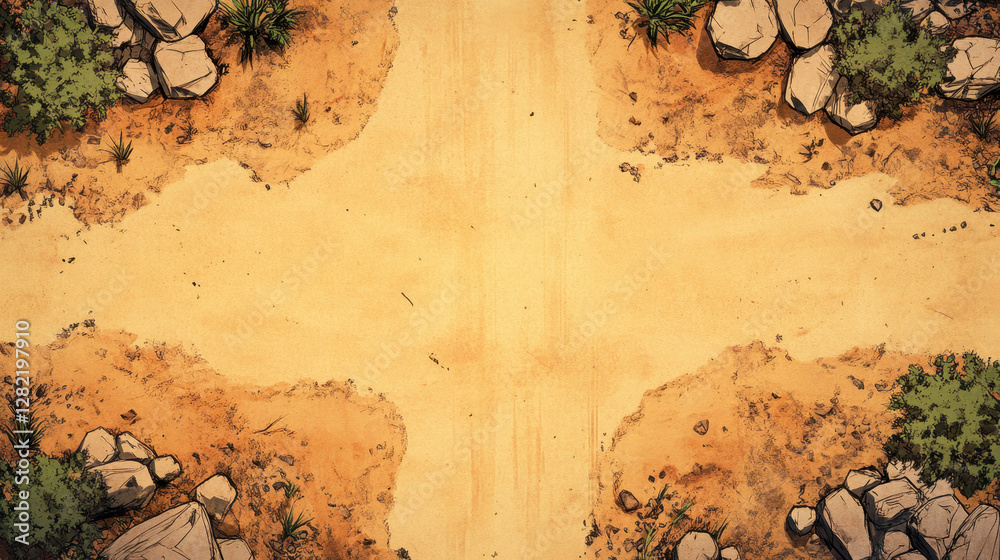 Desert Crossroads with Dry Landscape and Rocky Terrain Background