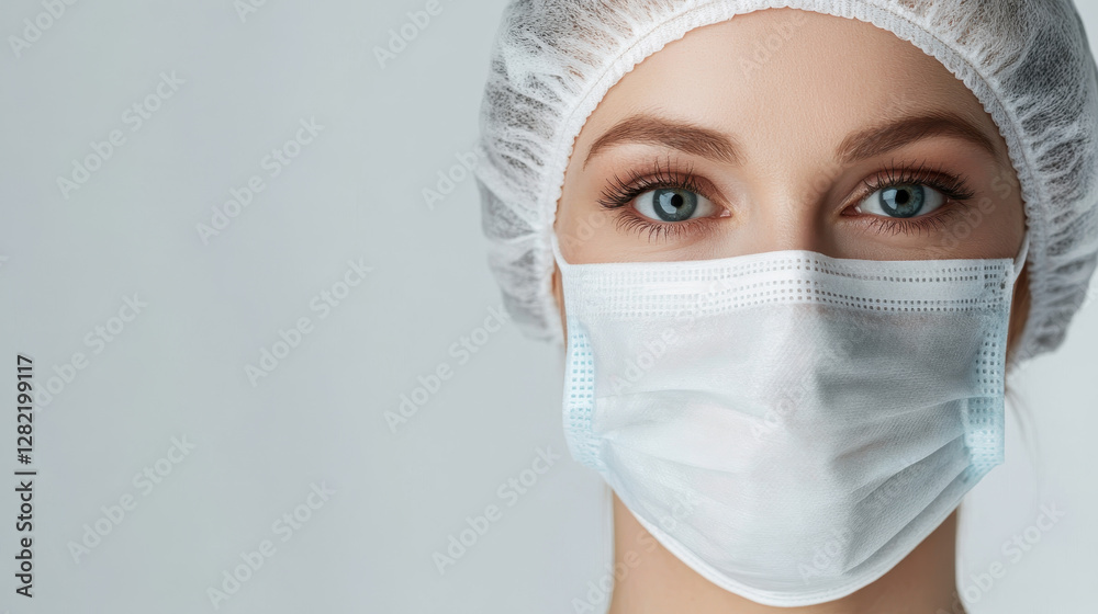 Female Health Worker in Surgical Mask and Cap with Serious Expression