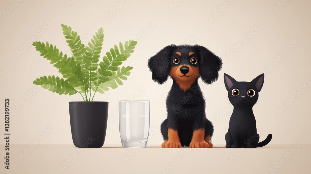 Adorable cartoon dog and cat with a decorative plant and glass