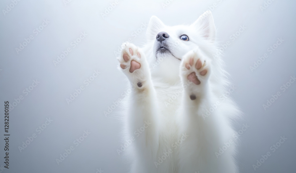 Playful White Dog with Blue Eyes Reaching Upwards in Bright Light