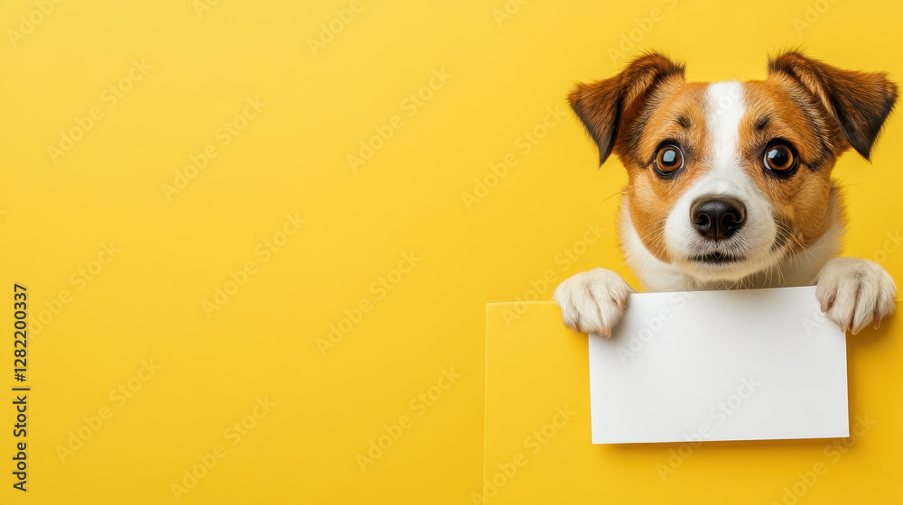 Playful Dog with Empty Card Against Bright Yellow Background