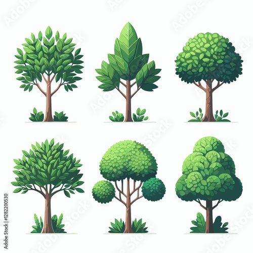 A vibrant illustration showcasing a set of various tree types, including different shapes, sizes, and colors. Perfect for environmental projects, educational materials, landscape design presentation