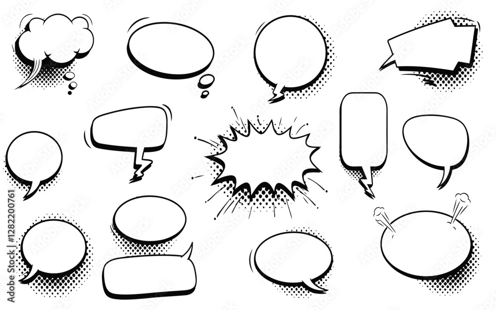 Hand drawn vector set of speech bubbles icons and labels