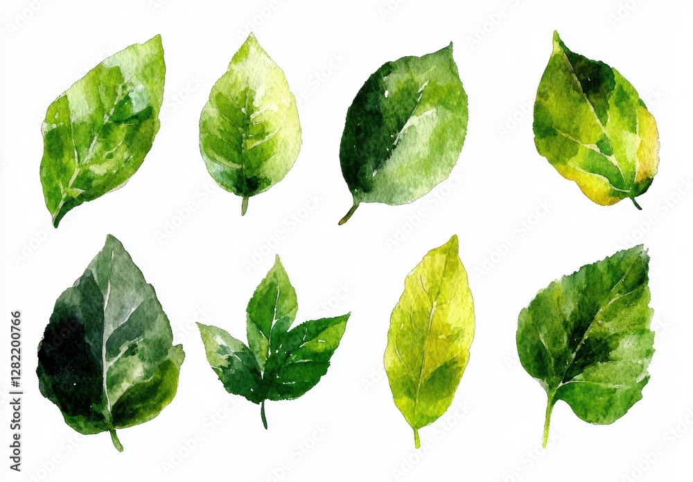 Fototapeta premium Watercolor Illustration of Various Green Leaves on White Background