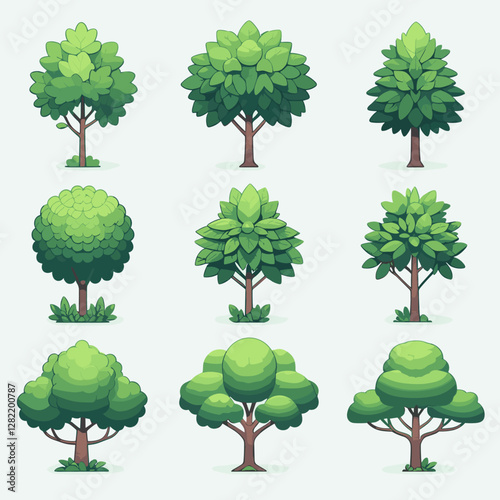 A vibrant illustration showcasing a set of various tree types, including different shapes, sizes, and colors. Perfect for environmental projects, educational materials, landscape design presentation