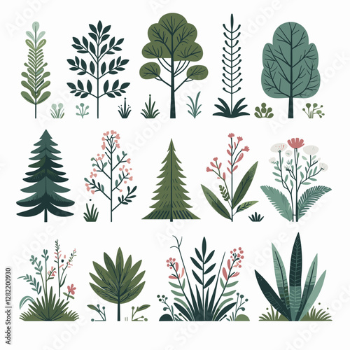 A vibrant illustration showcasing a set of various tree types, including different shapes, sizes, and colors. Perfect for environmental projects, educational materials, landscape design presentation