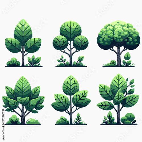 A vibrant illustration showcasing a set of various tree types, including different shapes, sizes, and colors. Perfect for environmental projects, educational materials, landscape design presentation