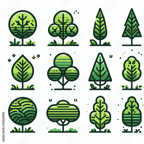 A vibrant illustration showcasing a set of various tree types, including different shapes, sizes, and colors. Perfect for environmental projects, educational materials, landscape design presentation