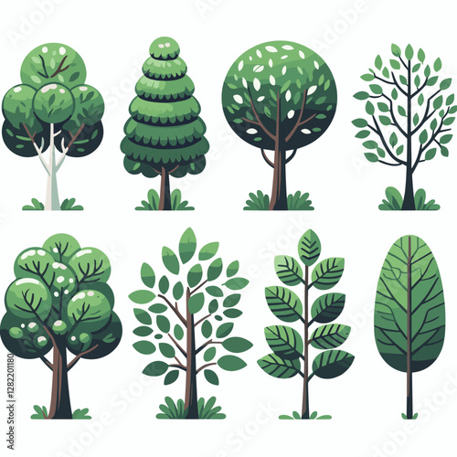 A vibrant illustration showcasing a set of various tree types, including different shapes, sizes, and colors. Perfect for environmental projects, educational materials, landscape design presentation