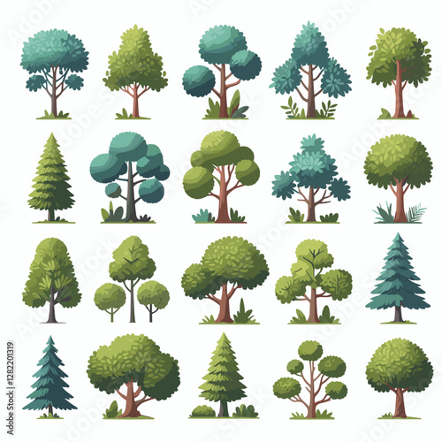 A vibrant illustration showcasing a set of various tree types, including different shapes, sizes, and colors. Perfect for environmental projects, educational materials, landscape design presentation
