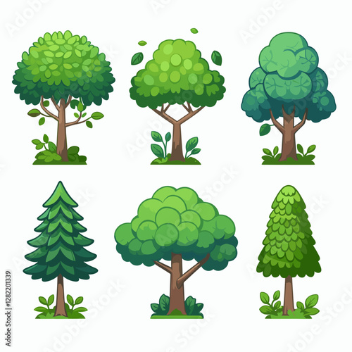 A vibrant illustration showcasing a set of various tree types, including different shapes, sizes, and colors. Perfect for environmental projects, educational materials, landscape design presentation