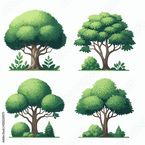 A vibrant illustration showcasing a set of various tree types, including different shapes, sizes, and colors. Perfect for environmental projects, educational materials, landscape design presentation