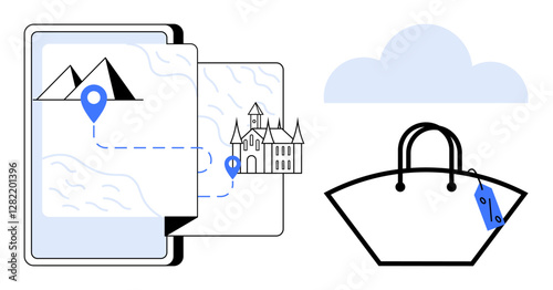 Tablet displays map with travel route from mountains to landmark, nearby cloud, and shopping bag with price tag. Ideal for travel, navigation, tourism, vacation, retail, shopping e-commerce