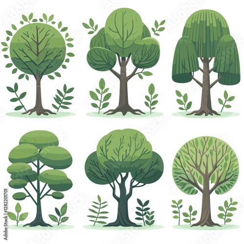 A vibrant illustration showcasing a set of various tree types, including different shapes, sizes, and colors. Perfect for environmental projects, educational materials, landscape design presentation