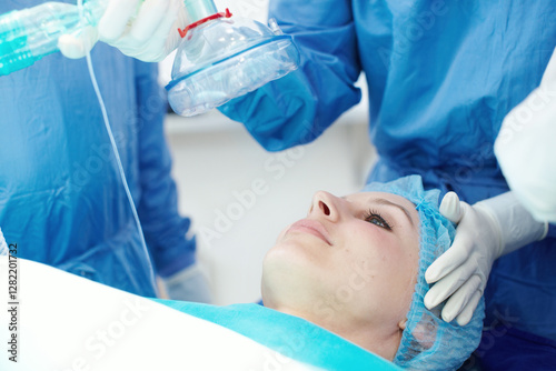 Картината върху платно Woman, patient and oxygen mask in surgery for anaesthesia safety, emergency procedure and air