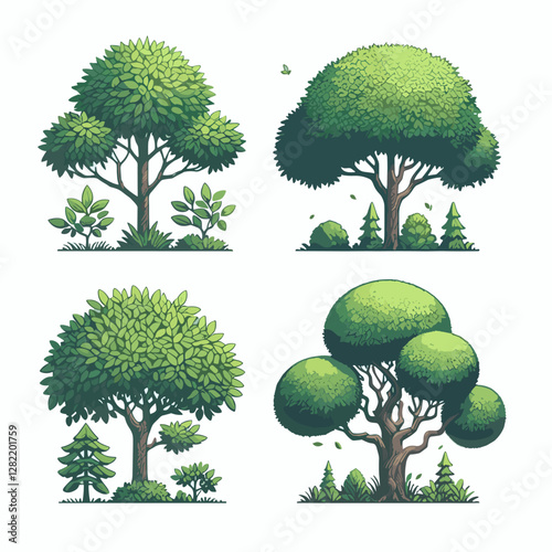 A vibrant illustration showcasing a set of various tree types, including different shapes, sizes, and colors. Perfect for environmental projects, educational materials, landscape design presentation
