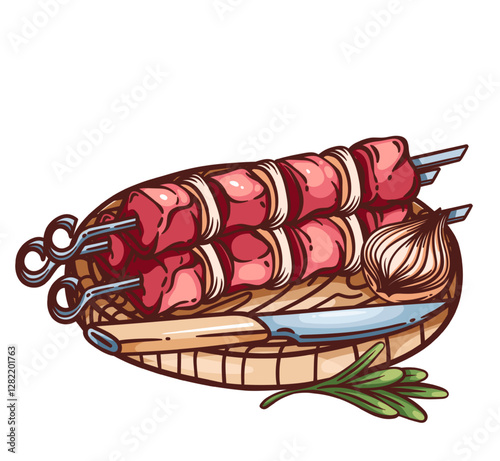 Meat kebab skewers on wooden board with knife and onion. Outline hand drawn color sketch of raw red beef, lamb or pork pieces on metal sticks to grill. BBQ party mascot, kebab icon vector illustration