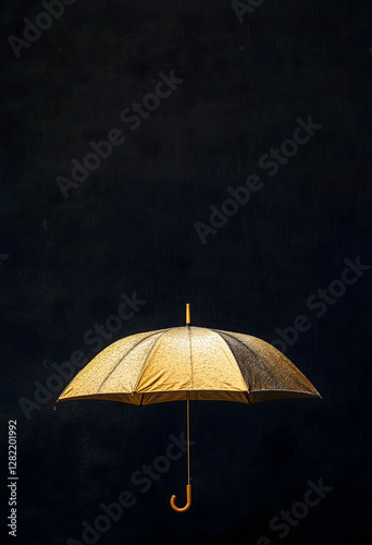 A golden umbrella shining under the rain
