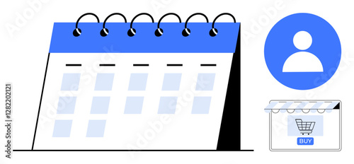 Calendar with spiral binding alongside user profile and online shopping cart icons. Ideal for time management, scheduling, online shopping, customer interaction, business planning, e-commerce