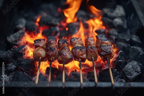Grilling Traditional Indonesian Chicken Satay over Charcoal with Smoky Flavors